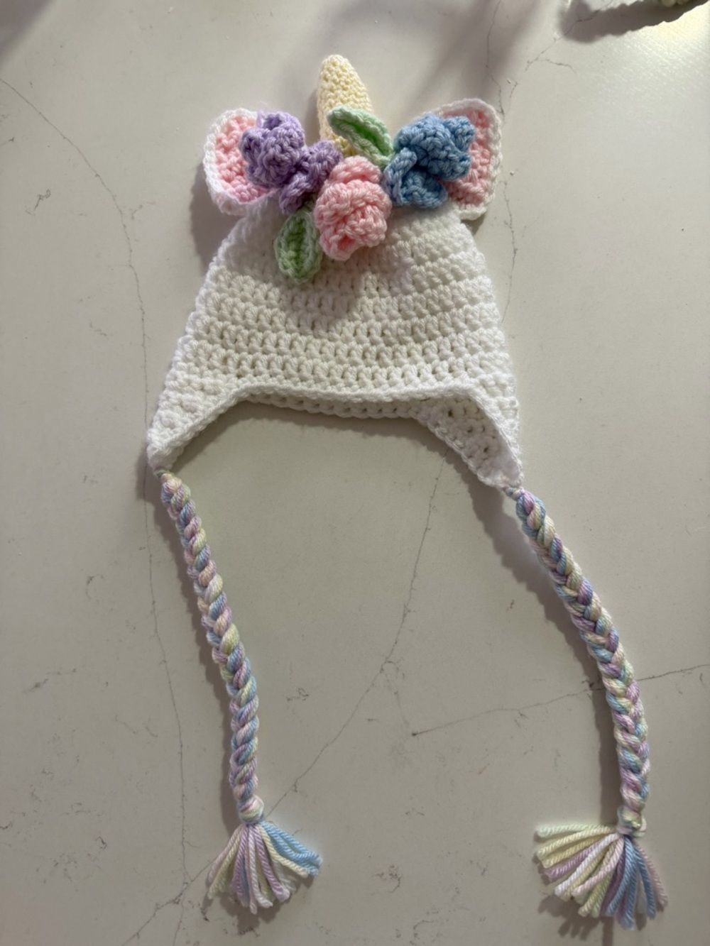 Baby Hat- Handmade Crochet White Unicorn Earflap Hat with Pastel Flowers 0-6M